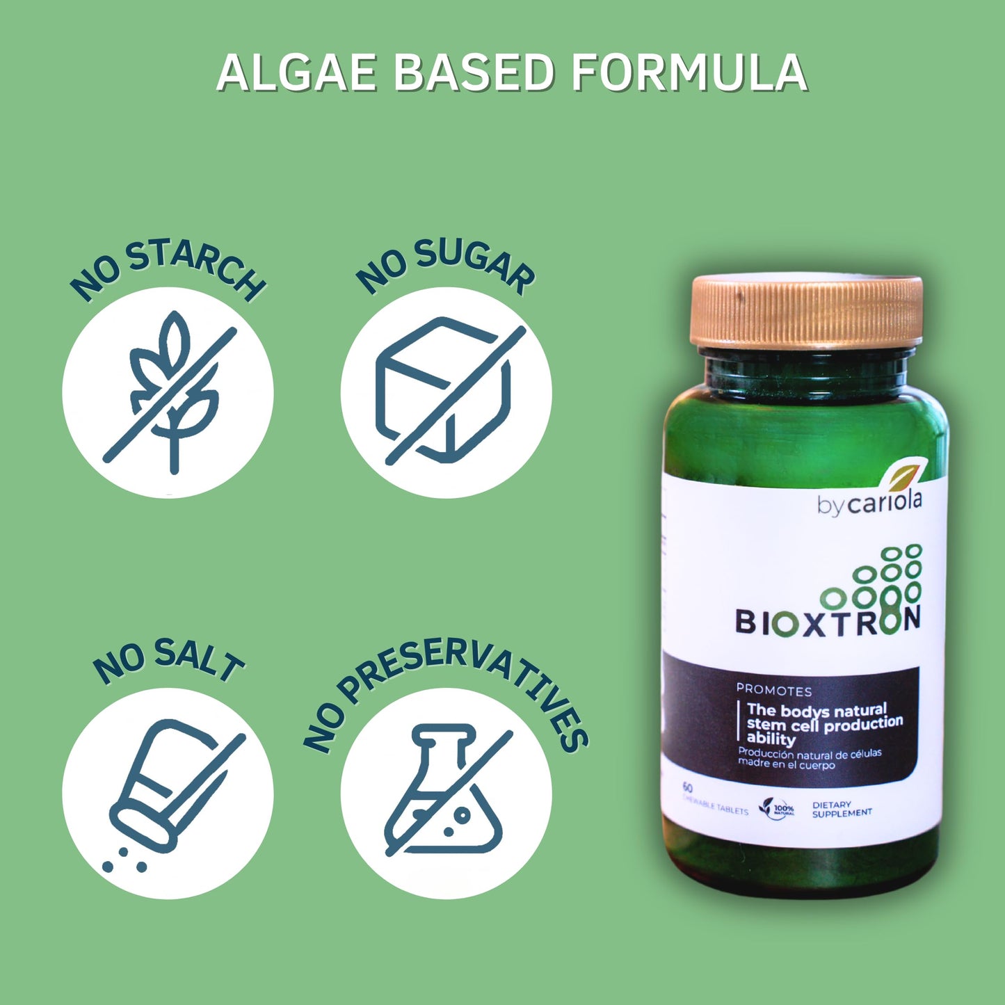 Bioxtron Natural Stem Cell Supplement Chewables – Spirulina, Chlorella, AFA | Energy, Immune & Joint Support | 60 Tablets (30 Servings)
