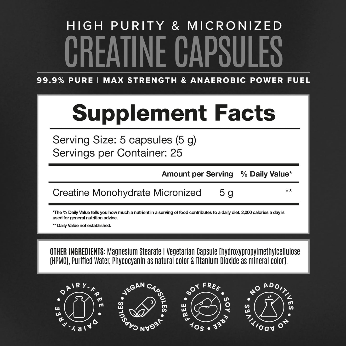Birdman Micronized Creatine Monohydrate Capsules – Muscle Growth & Recovery | Vegan, Caffeine Free, Gluten Free, Sugar Free | 125 Capsules (25 Servings)