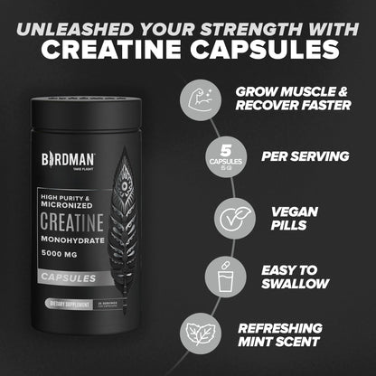 Birdman Micronized Creatine Monohydrate Capsules – Muscle Growth & Recovery | Vegan, Caffeine Free, Gluten Free, Sugar Free | 125 Capsules (25 Servings)