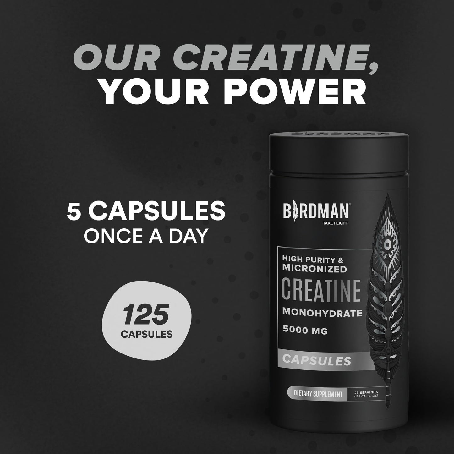 Birdman Micronized Creatine Monohydrate Capsules – Muscle Growth & Recovery | Vegan, Caffeine Free, Gluten Free, Sugar Free | 125 Capsules (25 Servings)