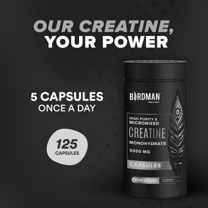 Birdman Micronized Creatine Monohydrate Capsules – Muscle Growth & Recovery | Vegan, Caffeine Free, Gluten Free, Sugar Free | 125 Capsules (25 Servings)