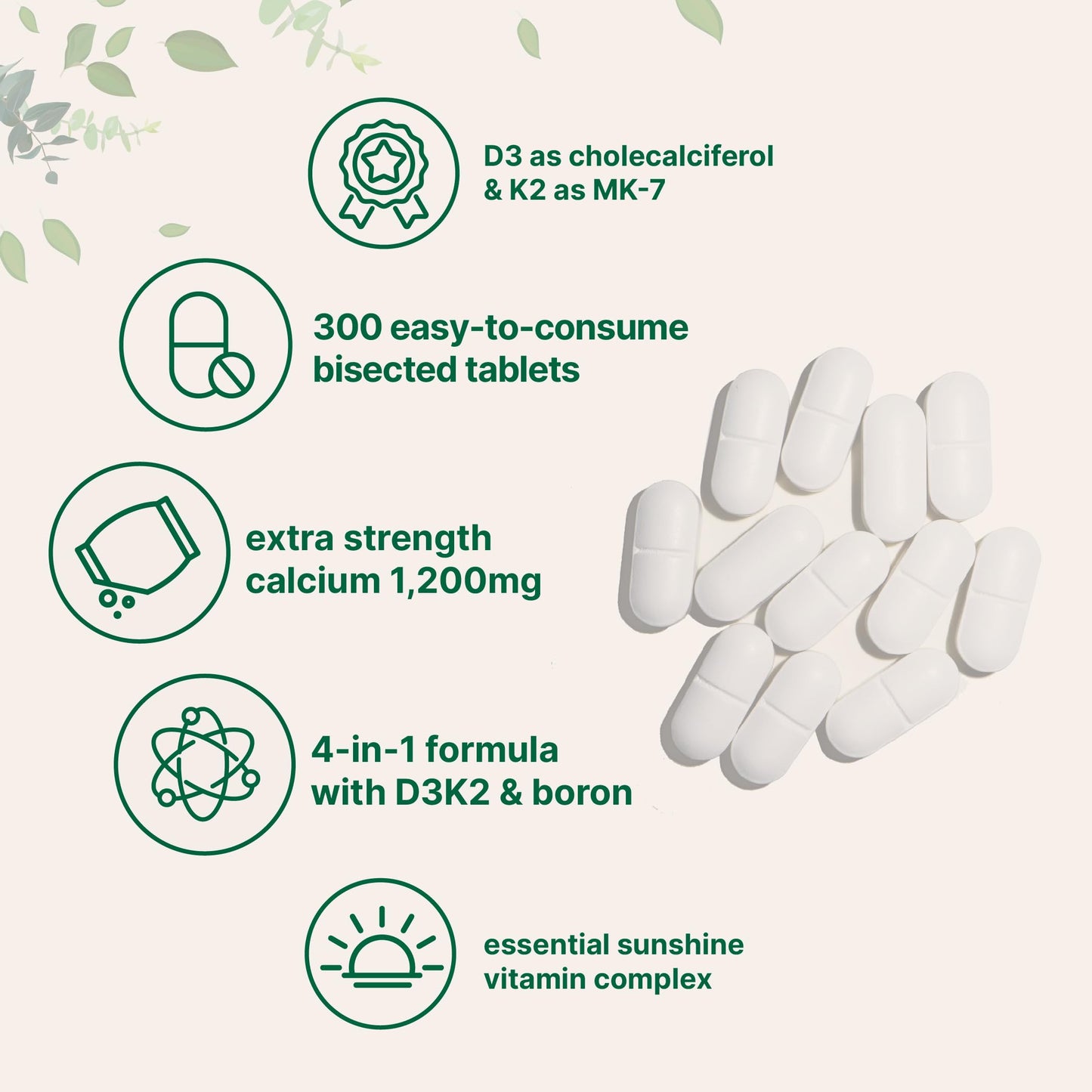 Micro Ingredients Calcium 1,200mg with D3 & K2 - 300 Tablets