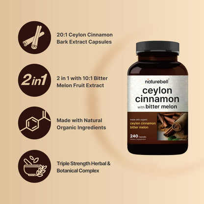 NatureBell Ceylon Cinnamon Per Serving - 240 Capsules | Organic Sri Lanka Cinnamon & Bitter Melon 2-in-1 Support | Non-GMO, Gluten-Free