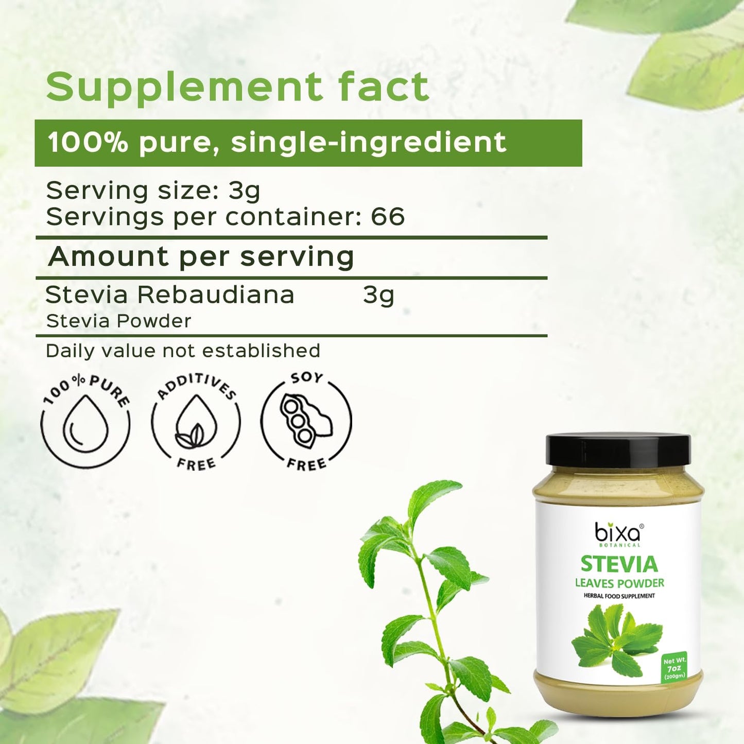 Bixa Botanical Stevia Powder – 200 g | Gluten Free, Non-GMO, Vegan
