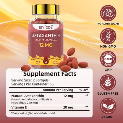 BIYODE Astaxanthin 12mg Softgels – High Potency Antioxidant (90 Softgels)