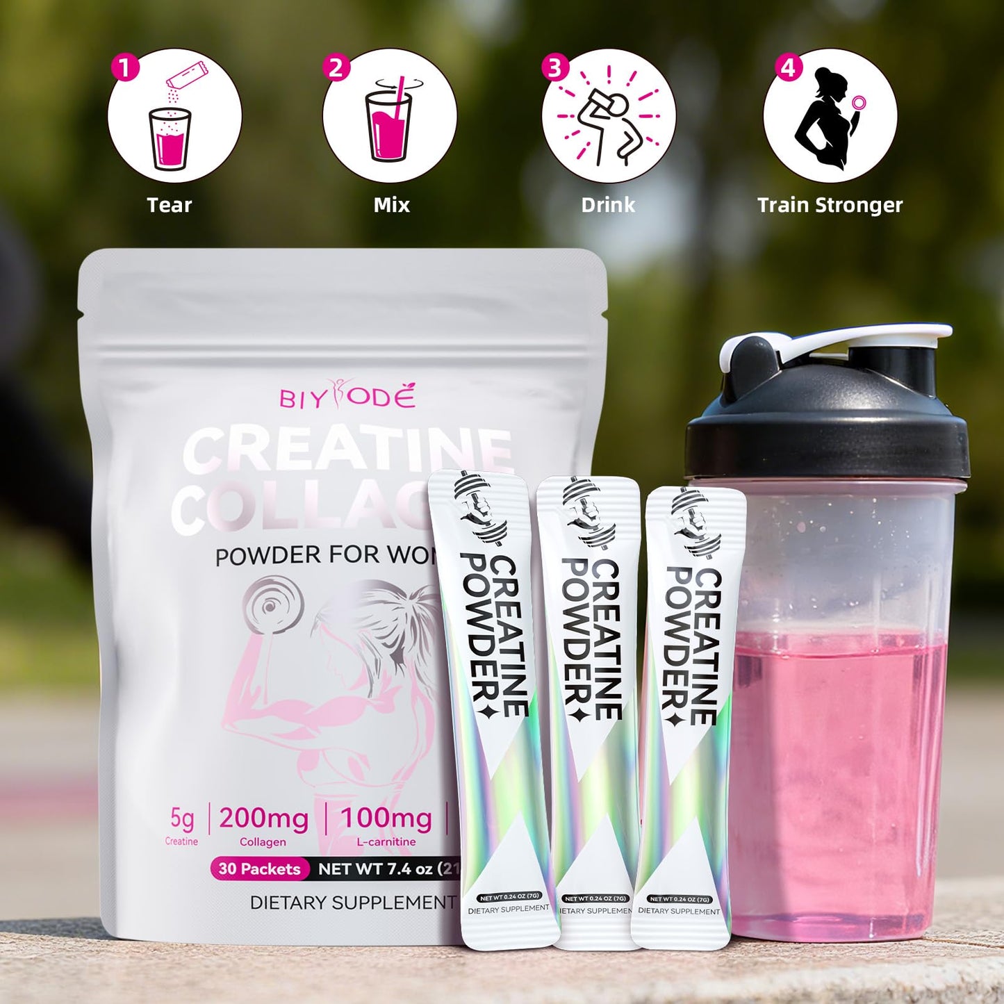 BIYODE Creatine Sticks for Women – 5g Creatine, Collagen & L-Carnitine, 30 Servings