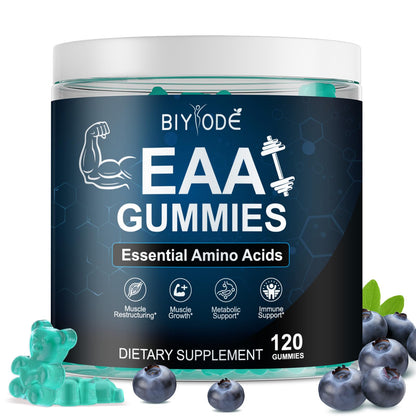 BIYODE EAA Gummies – Essential Amino Acids + BCAAs for Muscle Support (Sugar-Free Blue Raspberry, 120 Gummies)