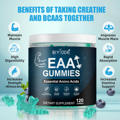 BIYODE EAA Gummies – Essential Amino Acids + BCAAs for Muscle Support (Sugar-Free Blue Raspberry, 120 Gummies)