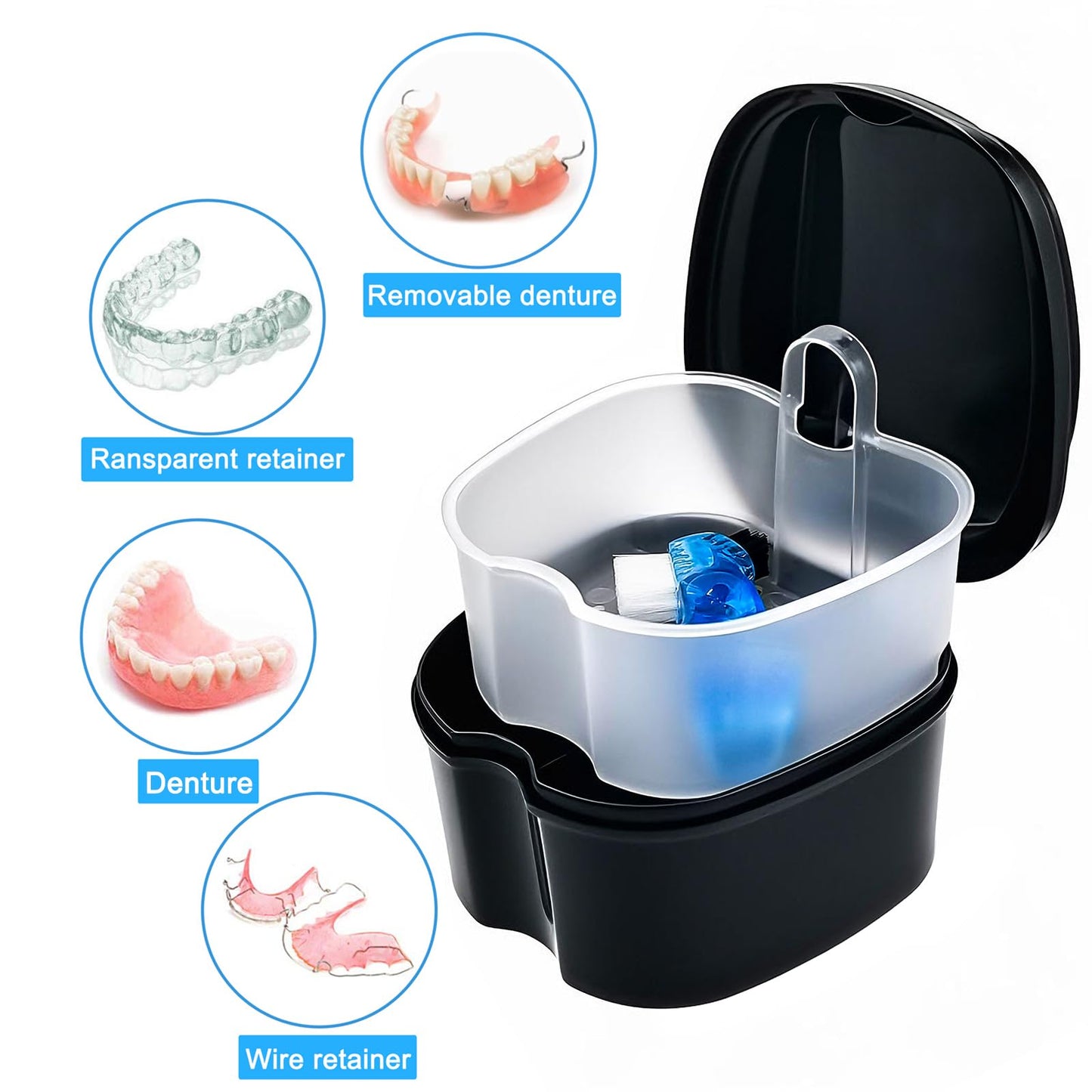 Black Denture Soaking Container - Partial Denture Case & Retainer Cleaning Cup