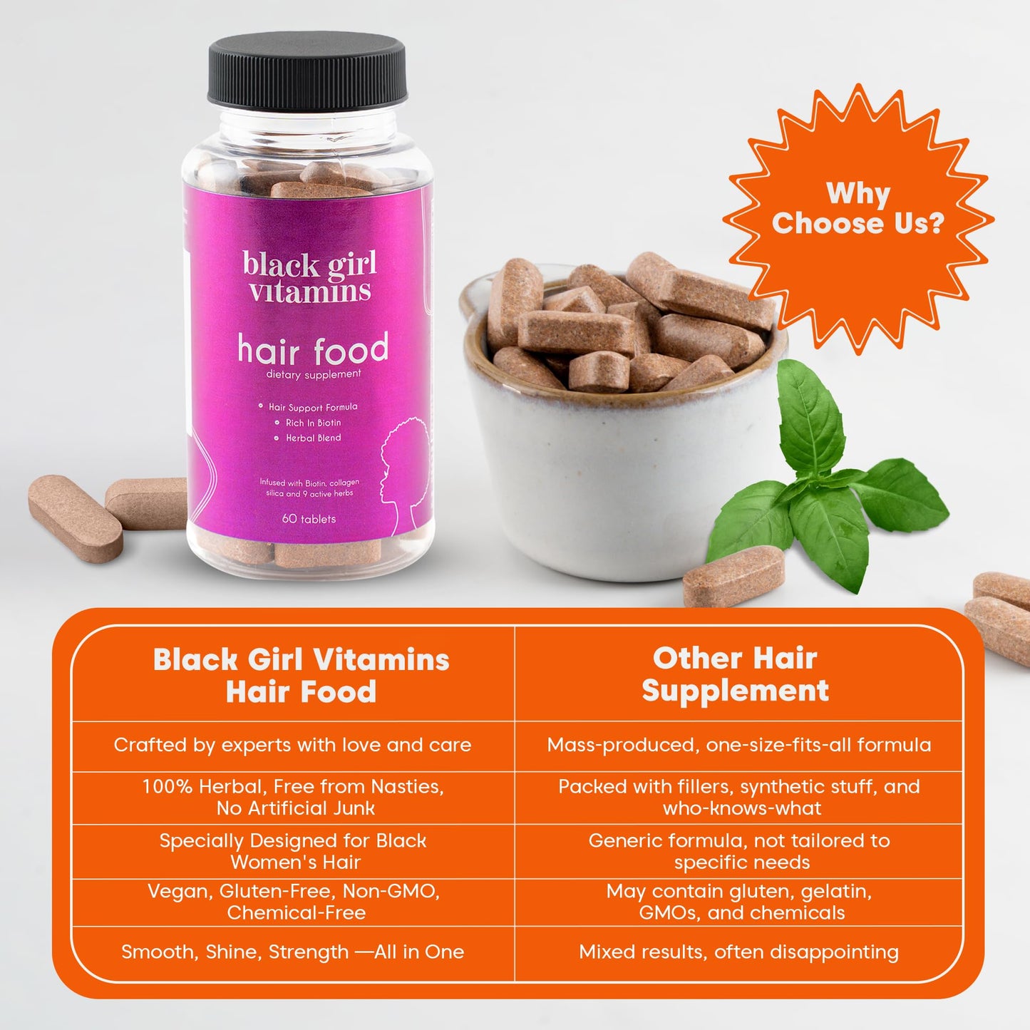 Black Girl Vitamins Hair Food – Biotin + Collagen for Hair Growth (Vegan, Gluten-Free, 60ct)