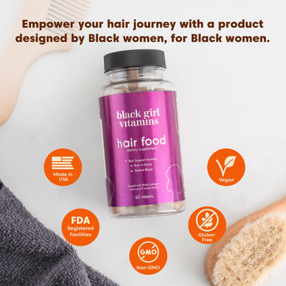 Black Girl Vitamins Hair Food – Biotin + Collagen for Hair Growth (Vegan, Gluten-Free, 60ct)