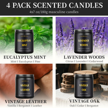 Men's Scented Candles - 4 Pack Soy Candles (28oz, 200h) Leather, Oak, Lavender & Eucalyptus