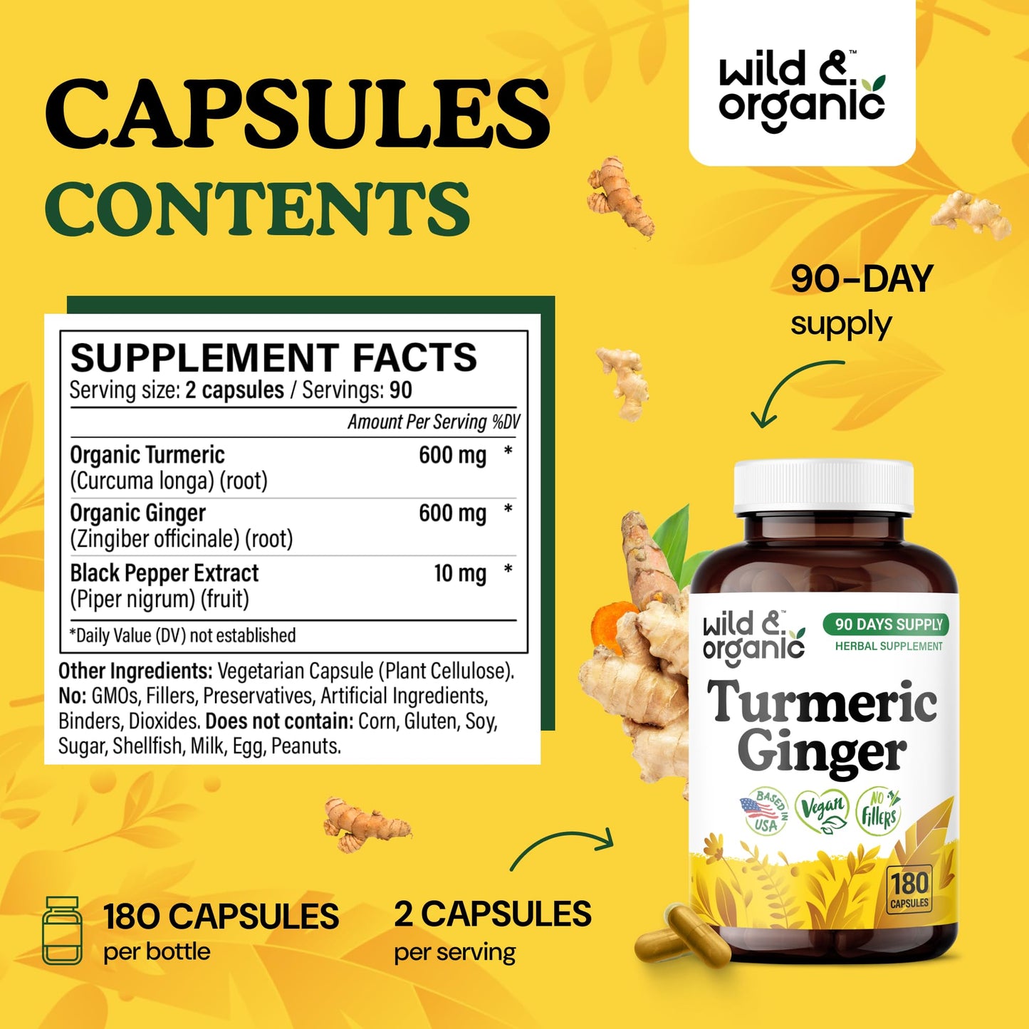 Wild & Organic Turmeric & Ginger Capsules | Mobility & Immune Support | 180 Count | Vegan