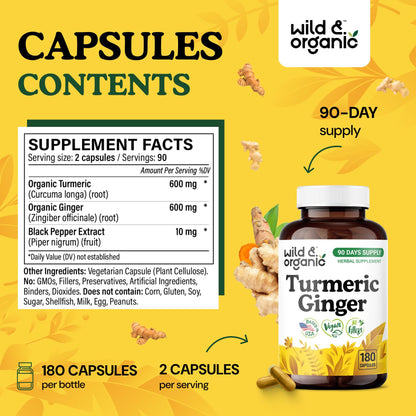 Wild & Organic Turmeric & Ginger Capsules | Mobility & Immune Support | 180 Count | Vegan