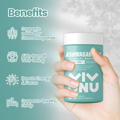 VivoNu Ashwagandha Vegan Capsules – KSM-66, Black Pepper, 60 Count