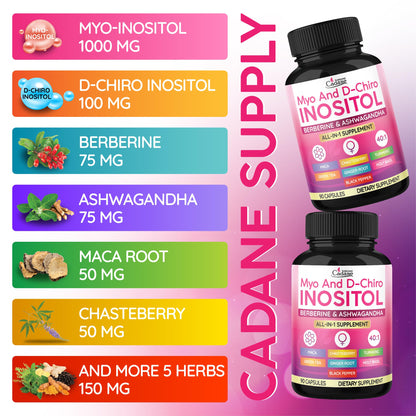 Organic Cadane Myo and D-Chiro Inositol Capsules for Women | with Berberine, Ashwagandha, Maca, Chasteberry & 6 More | Cycle Regularity, Body Management | Vegan, Non-GMO - 90 Capsules