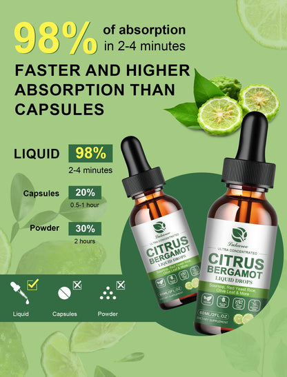 Citrus Bergamot Liquid Drops – High Absorption (2 Fl Oz) with Soursop, Garlic, Olive Leaf & Red Yeast Rice