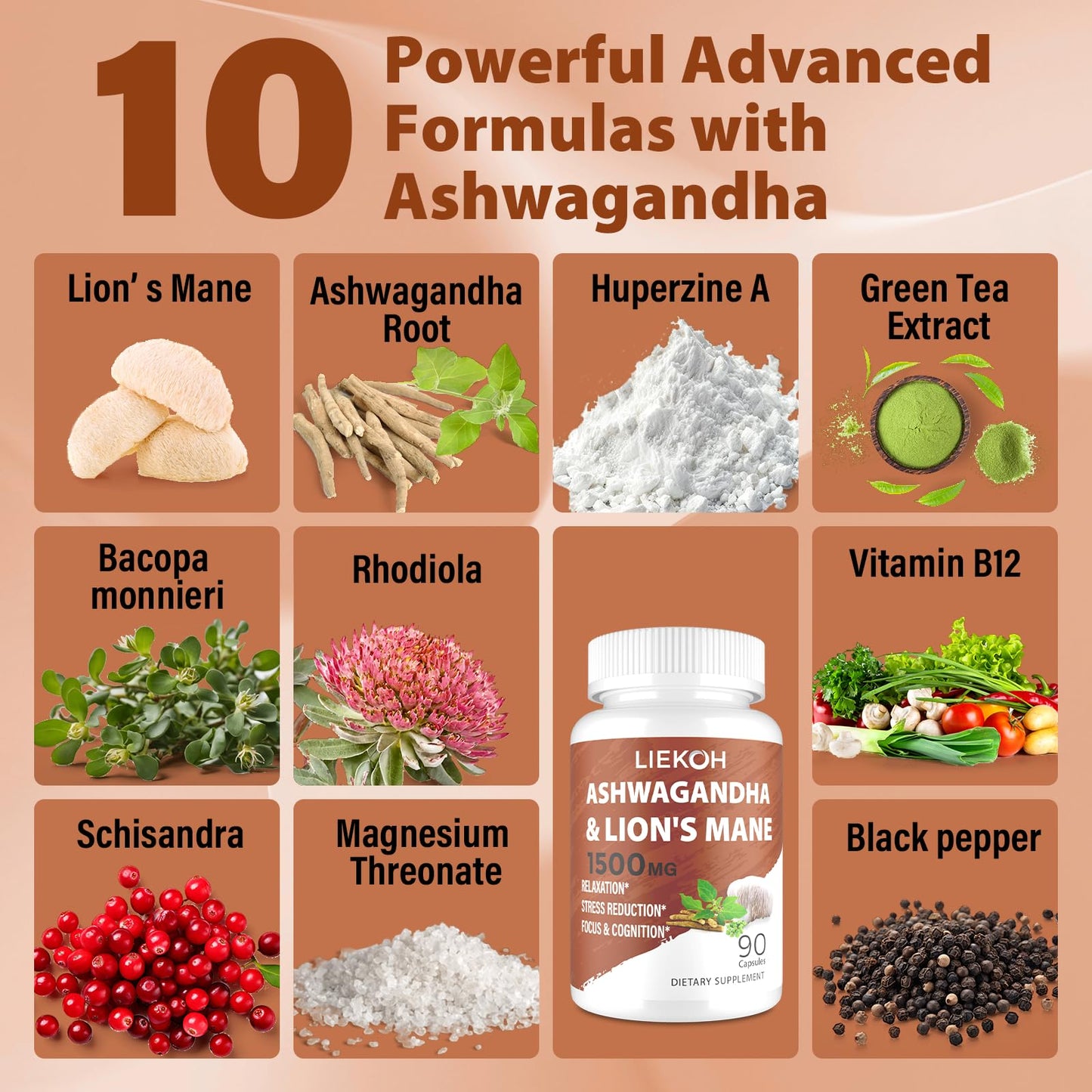 Ashwagandha & Lions Mane Capsules for Memory, Focus – 90 Caps