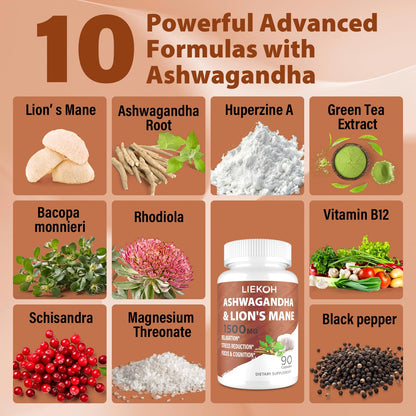 Ashwagandha & Lions Mane Capsules for Memory, Focus – 90 Caps