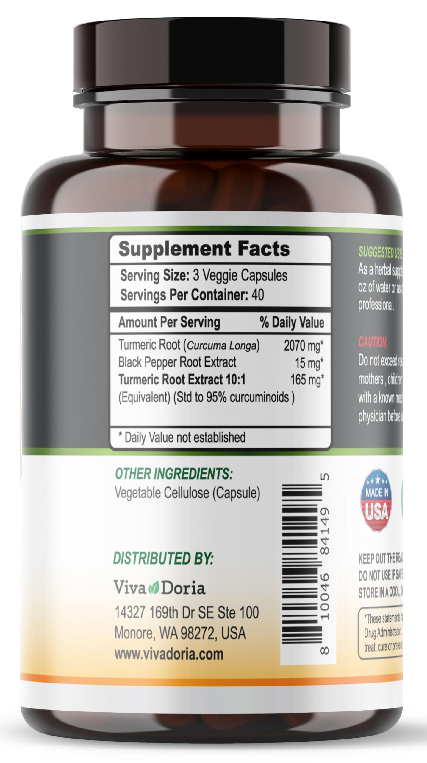 Viva Doria Turmeric Curcumin 2250mg with Black Pepper – 95% Curcuminoids, 120 Veg Capsules
