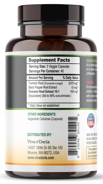 Viva Doria Turmeric Curcumin 2250mg with Black Pepper – 95% Curcuminoids, 120 Veg Capsules