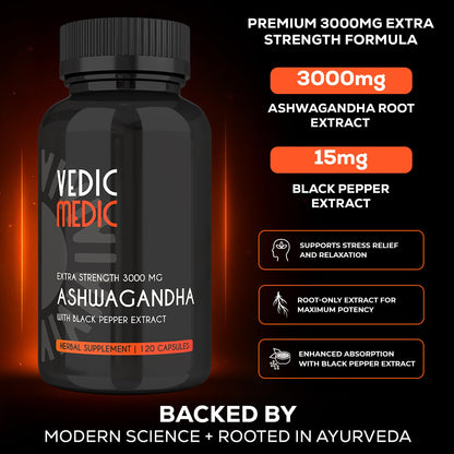 Vedic Medic Organic Ashwagandha Capsules Extra Strength 3000mg – Stress Relief, Mood & Energy Support (Vegan, Non-GMO)