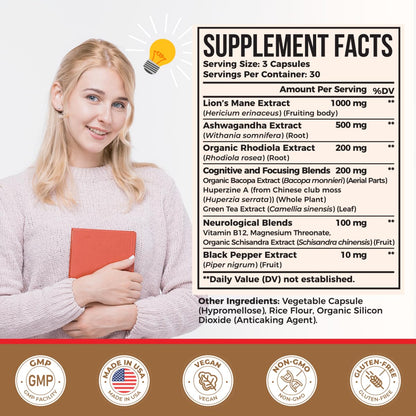 Ashwagandha & Lions Mane Capsules for Brain, Memory & Focus | 90 Capsules