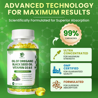 Organic Oregano Oil Capsules + Black Seed Oil | 99% Carvacrol, 180 Softgels