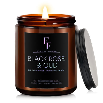 Black Rose & Oud Scented Candles – 7oz Soy Wax Jar | Aromatherapy Gift for Women & Men