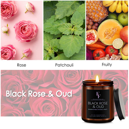 Black Rose & Oud Scented Candles – 7oz Soy Wax Jar | Aromatherapy Gift for Women & Men