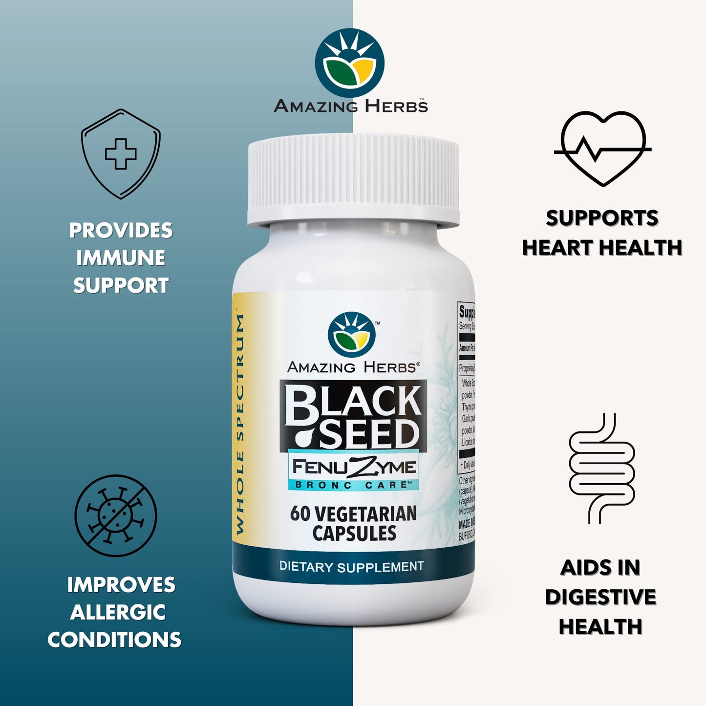 Amazing Herbs Black Seed Bronc-Care – Immune Support Capsules, Vegan, Gluten-Free, Non-GMO (60 Count)