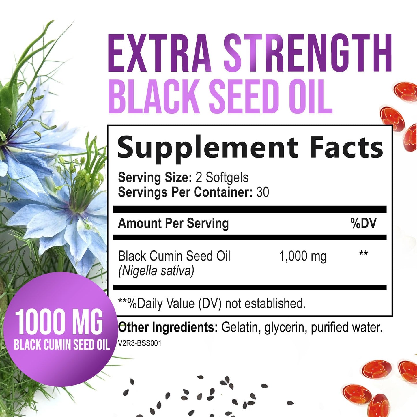 Black Seed Oil Capsules 1000mg with Thymoquinone - Pure Nigella Sativa for Skin Health & Immune Support, 60 Softgels