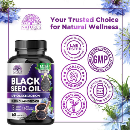 Black Seed Oil Capsules 1000mg with Thymoquinone - Pure Nigella Sativa for Skin Health & Immune Support, 60 Softgels