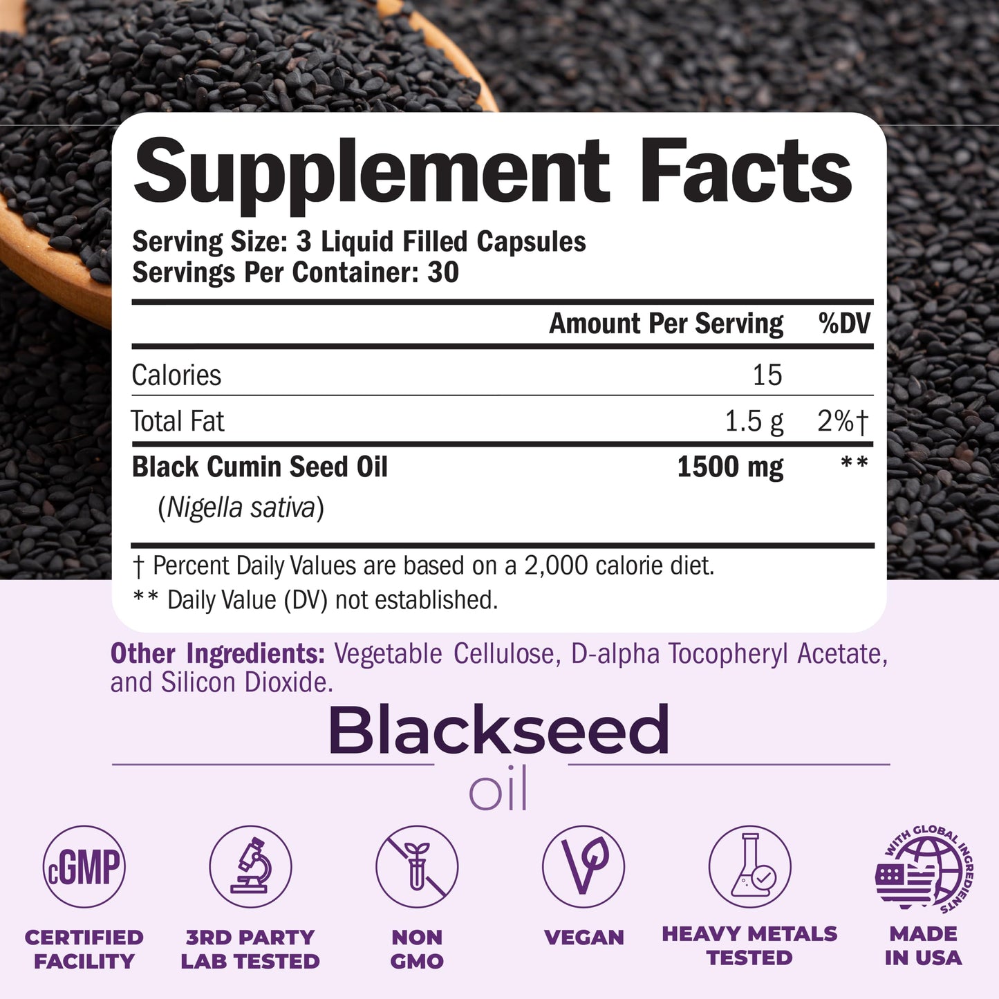 Black Seed Oil Capsules - Cold-Pressed 1500mg, Vegan 90 Caps