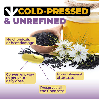 Black Seed Oil Capsules - Cold-Pressed 1500mg, Vegan 90 Caps
