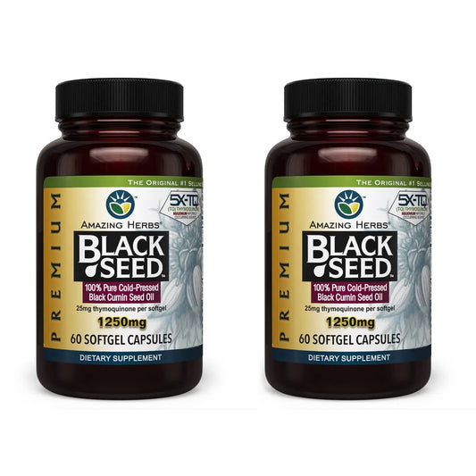 Amazing Herbs Premium Black Seed Oil Capsules - 1250mg, Cold-Pressed Nigella Sativa, 60 Count (Pack of 2) BritishVita | Premium UK Vitamins & Wellness Supplements