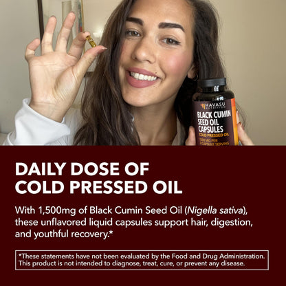 Cold Pressed Black Seed Oil Capsules 1500mg – Immune & Digestive Support, Hair & Skin | 2-Month Unflavored Supply