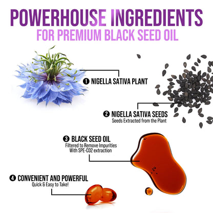 Black Seed Oil Capsules 1000mg with Thymoquinone - Pure Nigella Sativa for Skin Health & Immune Support, 60 Softgels
