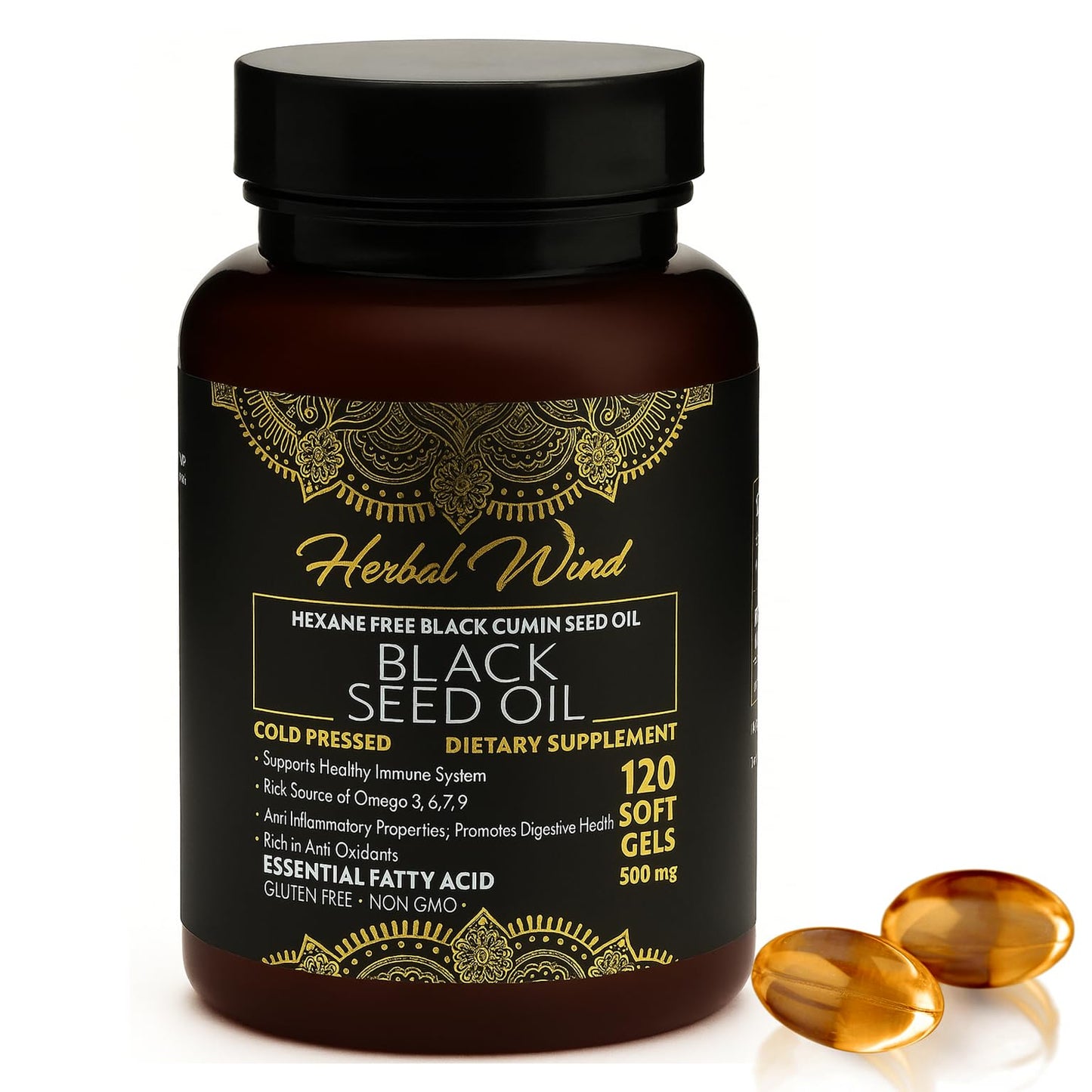 Black Seed Oil Capsules - Cold Pressed 500mg, 120 Softgels | Premium Quality Nigella Sativa - Non-GMO