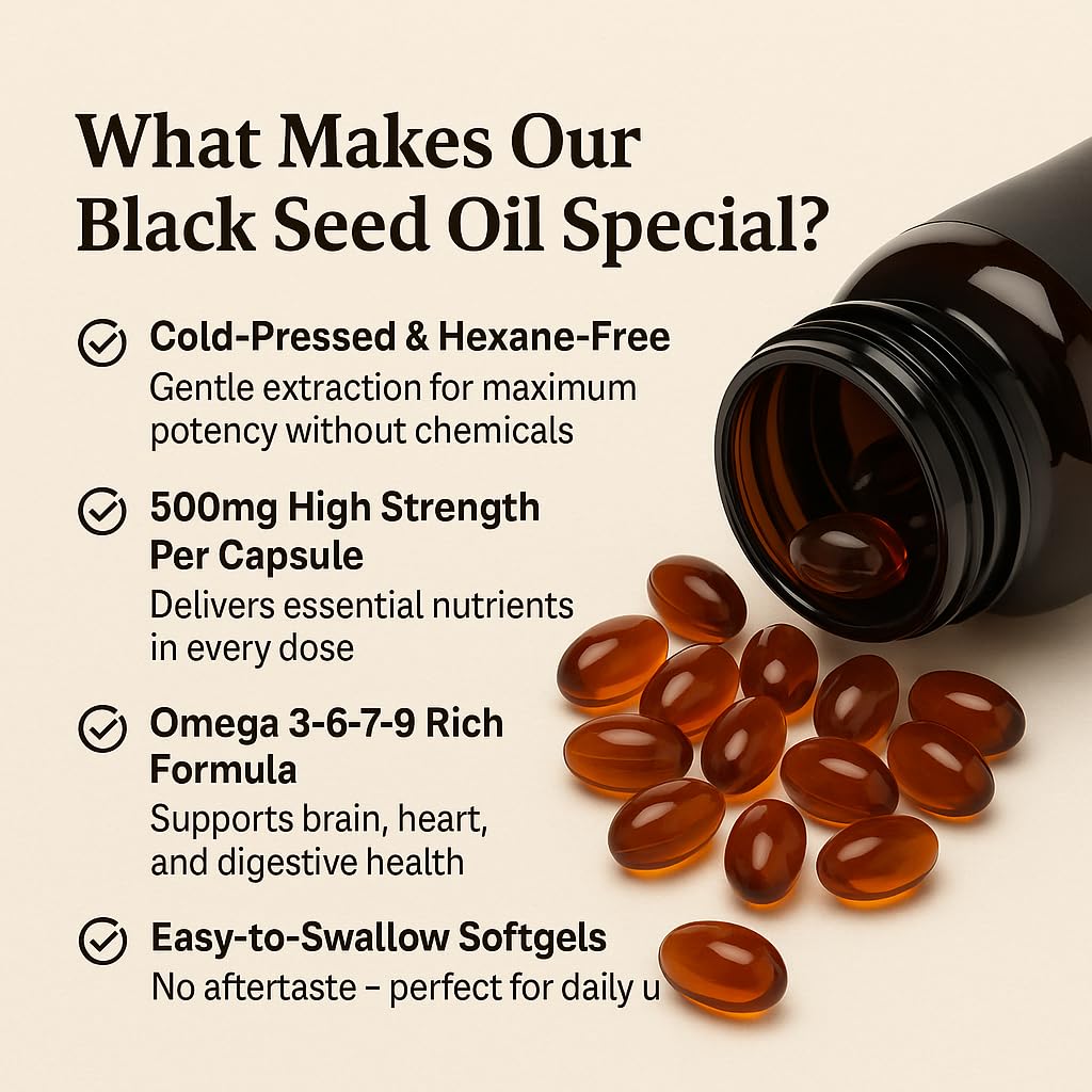 Black Seed Oil Capsules - Cold Pressed 500mg, 120 Softgels | Premium Quality Nigella Sativa - Non-GMO
