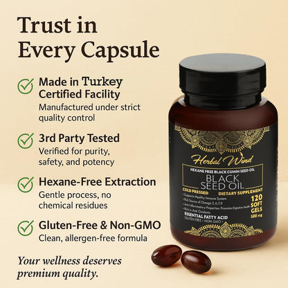 Black Seed Oil Capsules - Cold Pressed 500mg, 120 Softgels | Premium Quality Nigella Sativa - Non-GMO