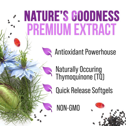 Black Seed Oil Capsules 1000mg with Thymoquinone - Pure Nigella Sativa for Skin Health & Immune Support, 60 Softgels
