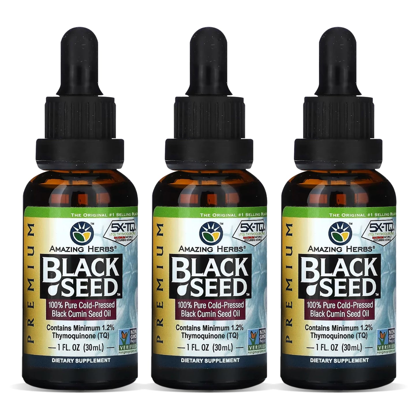 Amazing Herbs Premium Black Seed Oil - Cold Pressed, Gluten Free & Non-GMO - Digestive Health, Immune Support, Brain Function (1 oz) Pack of 3