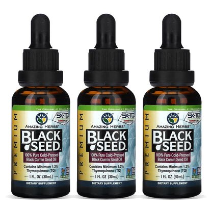 Amazing Herbs Premium Black Seed Oil - Cold Pressed, Gluten Free & Non-GMO - Digestive Health, Immune Support, Brain Function (1 oz) Pack of 3