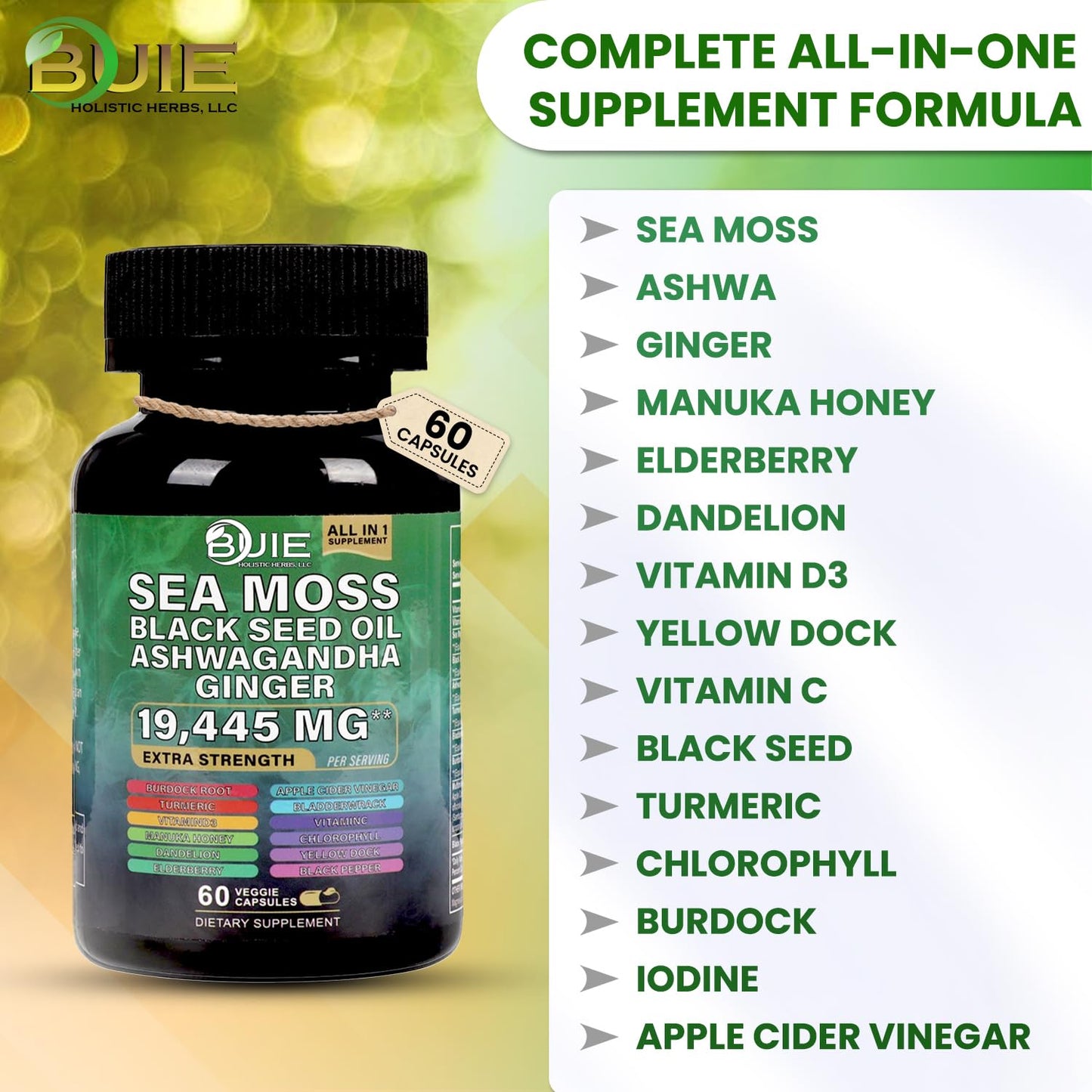 Sea Moss Capsules Ginger - 60 Caps | Energy, Immunity & Skin Health | Vegan & Non-GMO