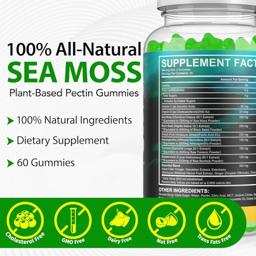 Vceeoy Sea Moss Gummies with Black Seed Oil, Ashwagandha & Ginger - 60 Gummies
