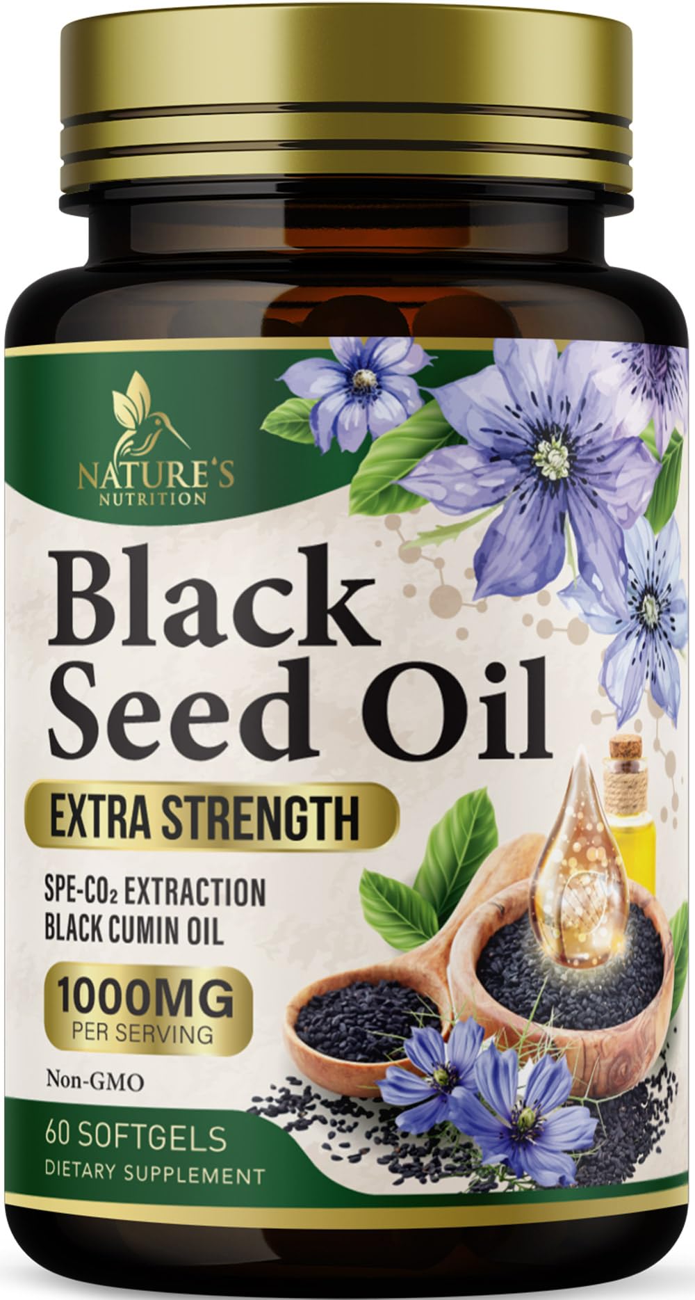 Black Seed Oil Softgels 1000mg – Nigella Sativa, Pure Black Cumin Oil, 60 Softgels | Non-GMO, USA Bottled