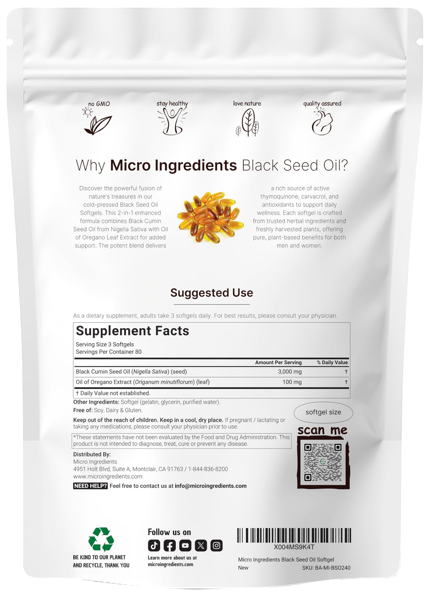 Micro Ingredients Black Seed Oil Softgels 3,000mg | 2-in-1 Oregano Oil Immune Support