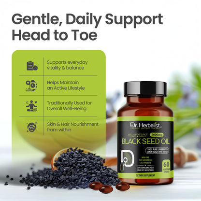 Dr. HERBALIST Black Seed Oil 1600mg – 60 Softgels | Cold-Pressed Organic Nigella Sativa