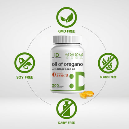 Oil of Oregano Softgels with Black Seed Oil – 300 Count (30:1 Extract) | Carvacrol & Thymoquinone – Antioxidant Immune Support – Plant Based, Non-GMO